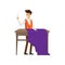 Male tailor standing at table with scissors in hand ready cut purple cloth