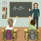 Male teacher writing mathematic task on green chalkboard in classroom and children raising hands up