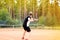 Male tennis player during individual training