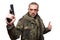 Male terrorist. military jacket. gun in his hand