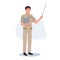 male Thai government officers in uniform. Thai man teacher holding pointer stick and clipboard, explaining knowledge. cartoon