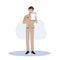 male Thai government officers in uniform. Thai man teacher holding ,showing big tablet. Flat Vector illustration