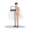 male Thai government officers in uniform. Thai man teacher holding,showing laptop.   Flat Vector illustration