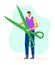 Male tiny character holding and carry large scissors, concept tailor professional worker flat vector illustration