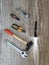 Male tools neatly lying on the floor, tools for minor repairs