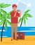 A male tourist with a camera on a sightseeing tour. Vector illustration