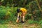 Male tourist packing his backpack in the jungle