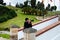 Male tourist taking photos at the famous historic Bridge of Boyaca in Colombia. The Colombian independence Battle of Boyaca took