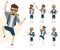 Male travel characters vector set. Man tourist traveler character in happy jumping and standing poses for summer adventure.