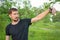 Male traveler in the forest takes a selfie. Tourism, an active lifestyle