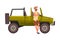 Male Traveller Standing in front of Jeep Car SUV, African Safari Travel, Tourist Girl Exploring Fauna of Savanna Cartoon
