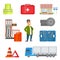 Male Trucker and Road Attributes Collection, Safety Vest, First Aid Kit, Toolbox, Tire Wheels, Road Emergency Signs