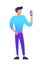 Male vlogger standing and using smartphone vector illustration.