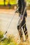 Male volunteer picking up plastic trash from grass