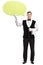 Male waiter holding a speech bubble