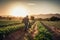 Male walking along a rural path at the golden hour of twilight, carrying two bags, AI generated