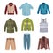 Male Wardrobe and Clothing Items with Jacket and Shirt Vector Set