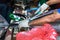 A male worker at the fish market in Male, Maldives, cutting a big tuna fish