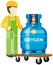 Male worker transporting gas cylinder, canister with oxygen, metal tank on warehouse trolley