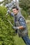 Male worker trimming hedge