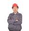 Male worker wearing red hard hat standing in front of white background with arms folded