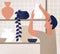 Male working at ceramic studio putting crockery on shelf vector flat illustration. Ceramist assistant holding craft pot