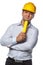 Male in yellow safety helmet and flashlight.