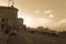 Malecon typical view in sunset with La Havana buildings at background