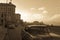 Malecon typical view in sunset with La Havana buildings at background