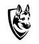 Malinois shepherd dog head in heraldic shield black and white vector emblem