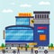 Mall commercial building with collector people, vector illustration. Money in armored truck with security man team