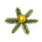 Mall spruce branches laid out in form of a six-pointed snowflake with a yellow shiny ball in the center