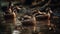 Mallard duck family swimming in tranquil pond generative AI