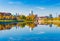 Malmo, Sweden: skyline reflected in the water, urban landscape panorama