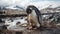 Malnourished penguin alone, melting glaciers, climate change, global warming effect