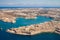 Malta aerial view. Valetta, capital city of Malta, Grand Harbour, Kalkara, Senglea and Vittoriosa towns, Fort Ricasoli.