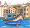 Malta. The colorful traditional fishing boat Luzzu against the backdrop of the city of Valletta.