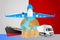 Malta logistics concept illustration. National flag of Malta from the back of globe, airplane, truck and cargo container ship