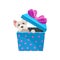 Maltese dog peeking out of blue gift box with pink bow. Adorable puppy. Flat vector element for Christmas postcard