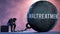 Maltreatment and an alienated suffering human. A metaphor showing Maltreatment as a huge prisoner\'s ball bringing pain a