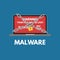 Malware cyber attack. Red alert notification and padlock with chain on laptop . Ransowmare virus encrypted files. Flat