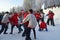 Malye Korely, Arkhangelsk region, Russia, February, 18, 2018. People celebrating of Shrovetide in Malye Korely. Fist fight `Wall t