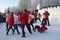 Malye Korely, Arkhangelsk region, Russia, February, 18, 2018. People celebrating of Shrovetide in Malye Korely. Fist fight `Wall t