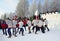 Malye Korely, Arkhangelsk region, Russia, February, 18, 2018. People celebrating of Shrovetide in Malye Korely. Fist fight `Wall t