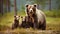 Mama bear with her cubs in a forest