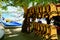 Mamanuca Island, Fiji, Aug 2019. Life Vests and kayaks for hire at a tourist resort.