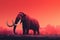 A Mammoth framed against a bright crimson sky standing in stark contrast to its grey corpsestrewn surroundings.. AI