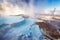 Mammoth Hot Springs with steamy terraces during winter snowy season in Yellowstone National Park, Wyoming