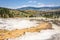 Mammoth Hot Springs town view from Travertine Palette Spring Terrace. Yellowstone Park, USA