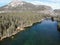 Mammoth Lakes aerial panoramic view of the water and trees